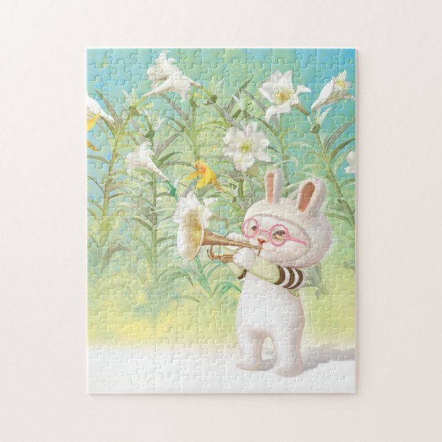Baby Bunny Trumpet Player with Bird in Lily Garden Jigsaw Puzzle (Vertical)