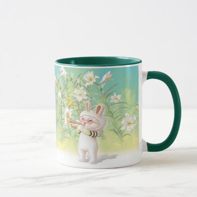 Baby Bunny Trumpet Player with Bird in Lily Garden Mug (Right)