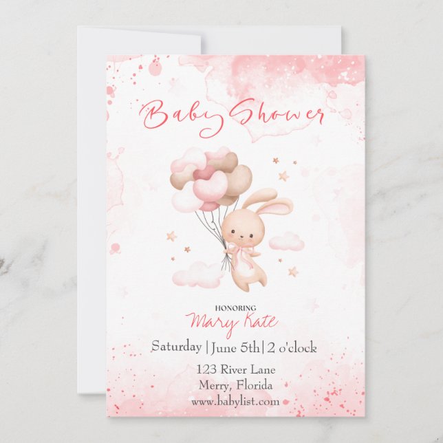 Baby Bunny with balloons baby girl  Invitation (Front)