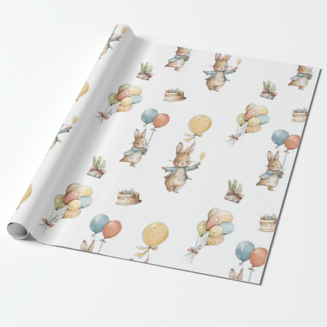 Baby Bunny with Balloons Wrapping Paper (Unrolled)