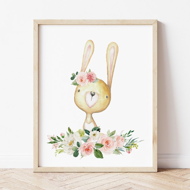 Baby Bunny, Woodland Animals, Boho, Pink Flowers Photo Print (Creator Uploaded)