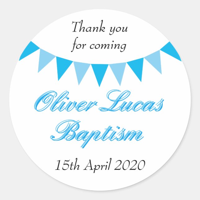 Baby Bunting Blue Baptism Christening Favour Classic Round Sticker (Front)