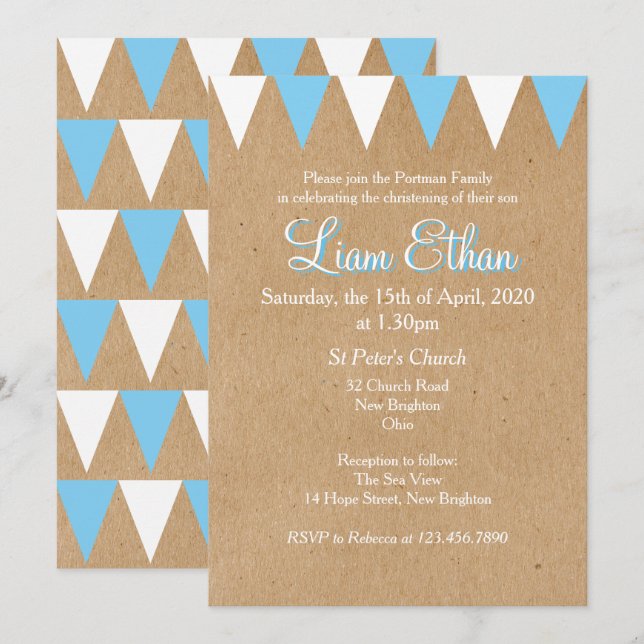 Baby Bunting Blue Baptism Christening Invitation (Front/Back)