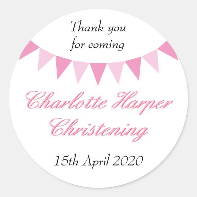 Baby Bunting Pink Baptism Christening Favour Classic Round Sticker (Front)