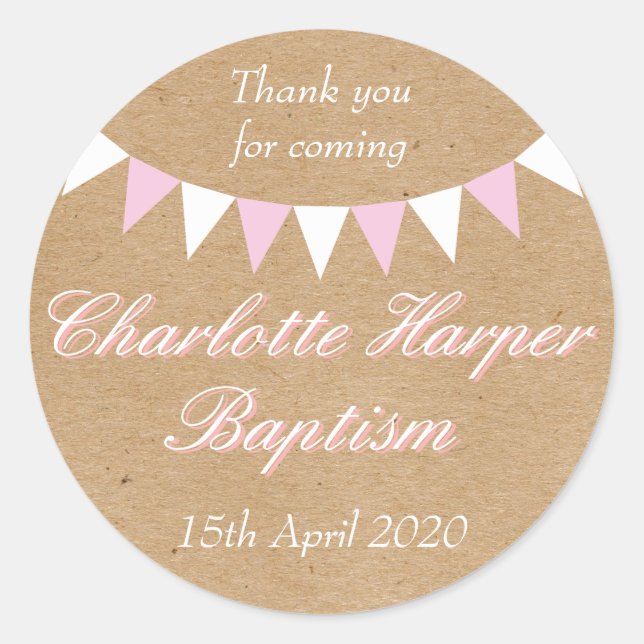 Baby Bunting Pink Baptism Christening Favour Classic Round Sticker (Front)
