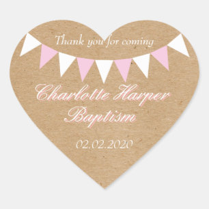 Baby Bunting Pink Baptism Christening Favour Heart Sticker