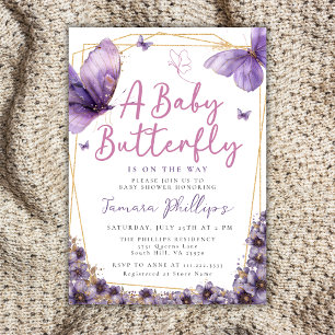 Baby Butterfly Is On The Way Purple Baby Shower Invitation