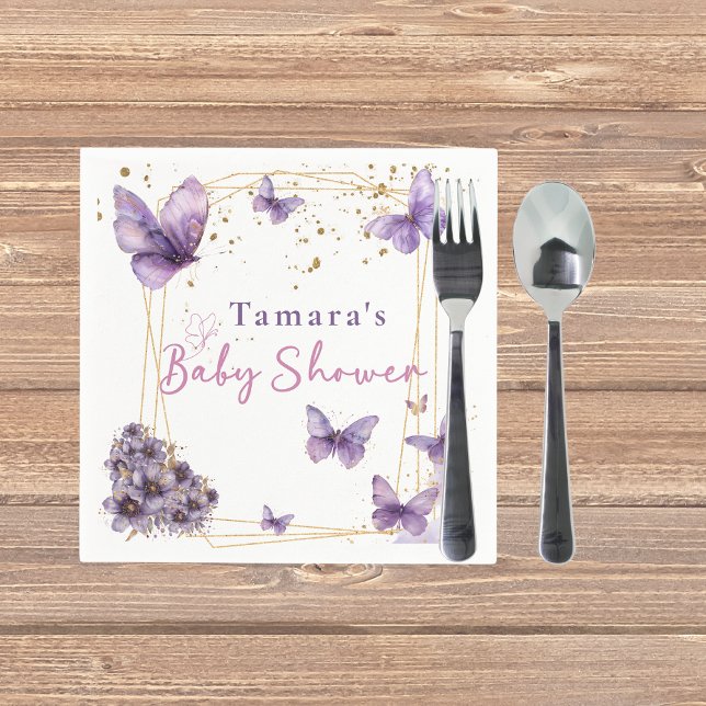Baby Butterfly Purple Gold Baby Shower Party Napkin (Creator Uploaded)