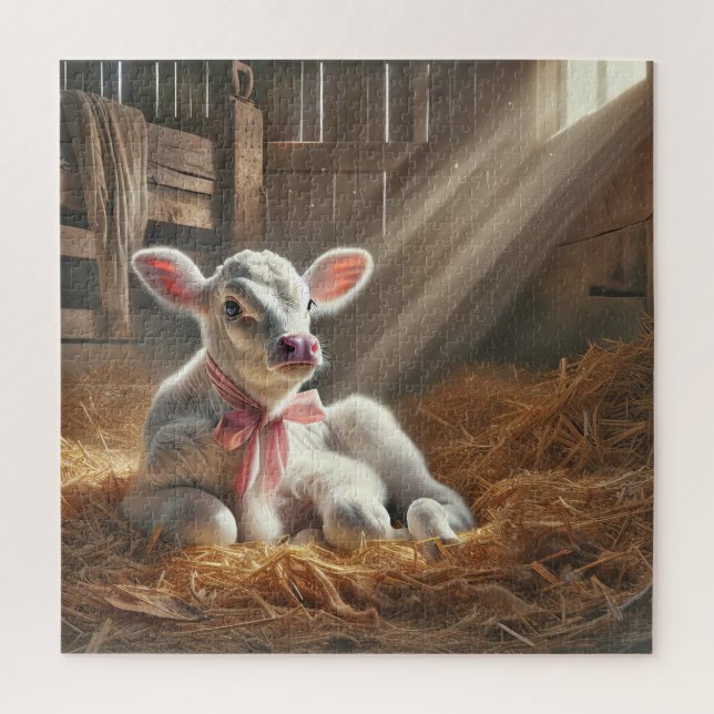 Baby Calf In Sunlit Barn Stall Jigsaw Puzzle (Vertical)