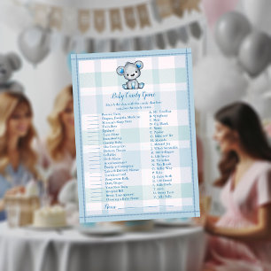 Baby Candy Cute Grey Bear Boy Plaid Shower Game Invitation