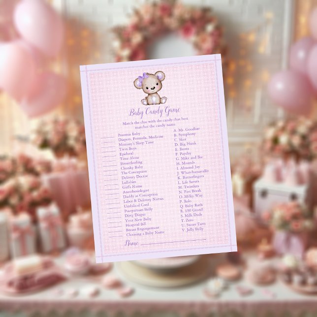 Baby Candy Cute Purple Bear Girl Shower Game Card (Creator Uploaded)