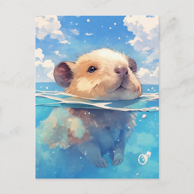 Baby Capybara Swimming in Deep Blue Ocean Water Postcard (Front)