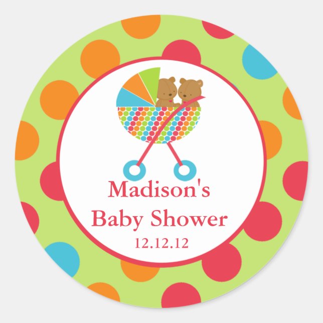 Baby Carriage Bear Twins Baby Shower Sticker (Front)