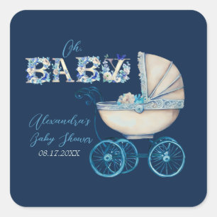 Baby Carriage Boy Baby Shower Square Sticker