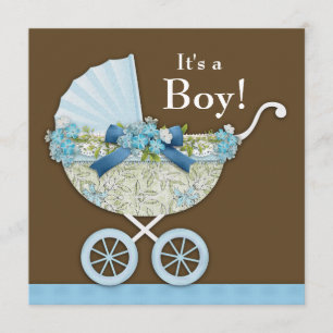 Baby Carriage Brown Blue Baby Boy Shower Invitation