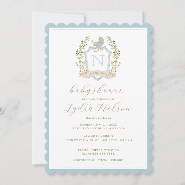 Baby Carriage Crest Monogram | Blue Baby Shower Invitation (Front)