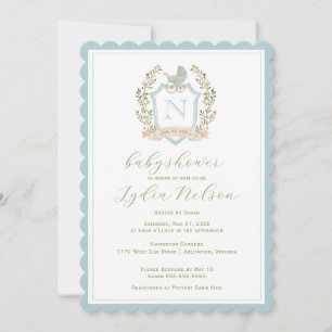 Baby Carriage Crest Monogram   Blue Baby Shower Invitation