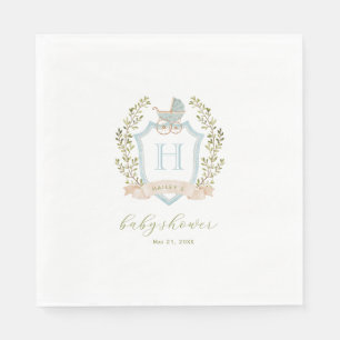 Baby Carriage Crest Monogram   Blue Baby Shower Napkin