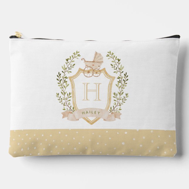 Baby Carriage Crest Monogram | Neutral Baby  Accessory Pouch (Front)