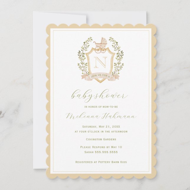 Baby Carriage Crest Monogram | Neutral Baby Shower Invitation (Front)