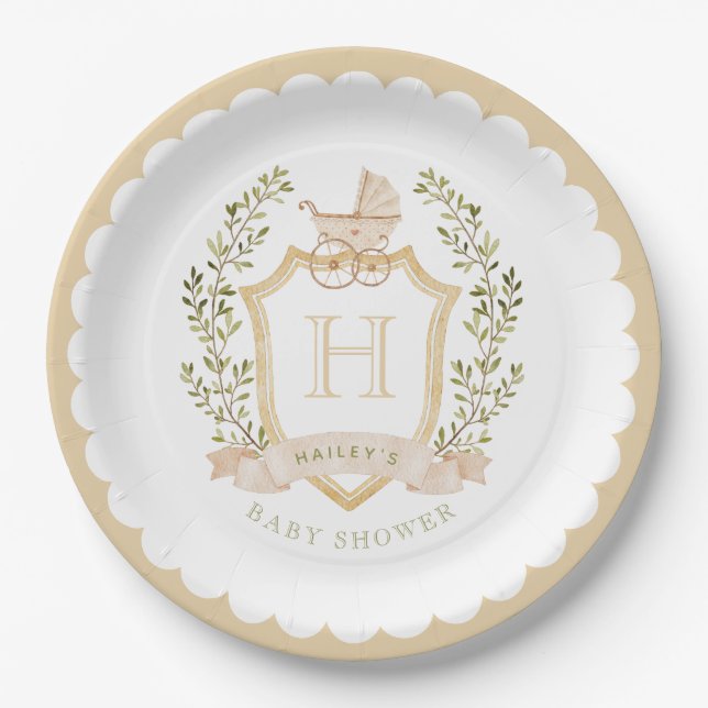 Baby Carriage Crest Monogram | Neutral Baby Shower Paper Plate (Front)