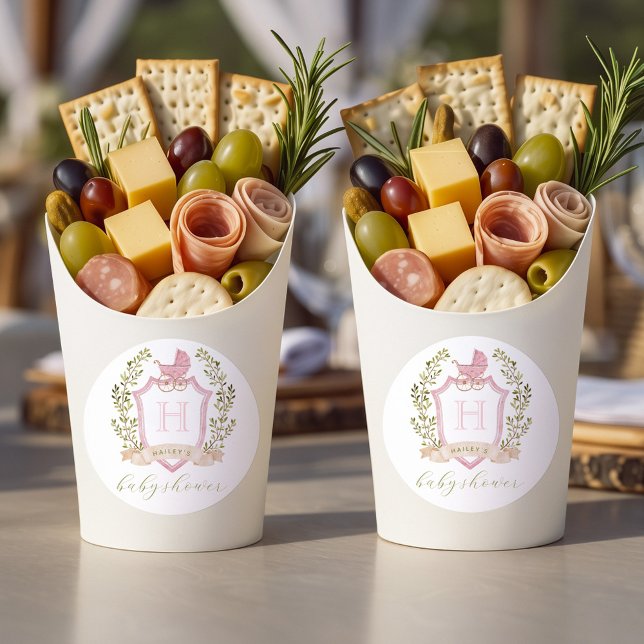 Baby Carriage Crest Monogram | Pink Baby Shower Classic Round Sticker (Creator Uploaded)