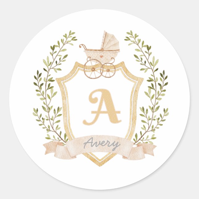Baby Carriage Monogram A | Neutral Birth Announcem Classic Round Sticker (Front)