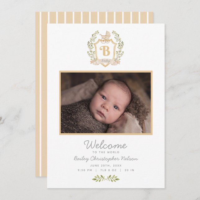 Baby Carriage Monogram B | Neutral Birth Announcement (Front/Back)