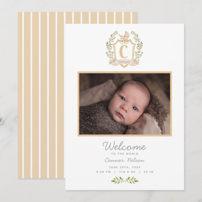 Baby Carriage Monogram C | Neutral Birth  Announcement (Front/Back)