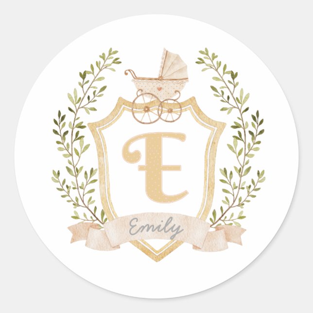 Baby Carriage Monogram E | Neutral  Classic Round Sticker (Front)