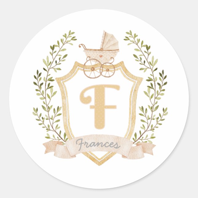Baby Carriage Monogram F | Neutral  Classic Round Sticker (Front)