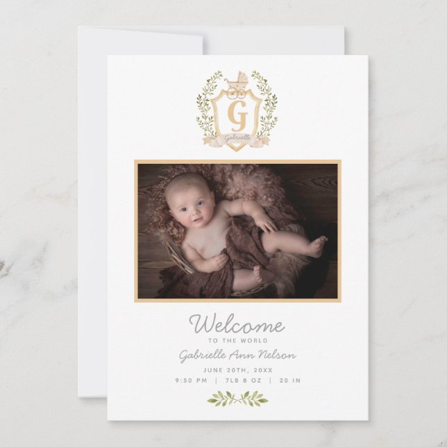 Baby Carriage Monogram G | Neutral Birth  Announcement (Front)