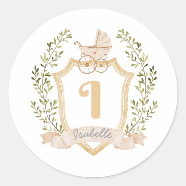 Baby Carriage Monogram I | Neutral  Classic Round Sticker (Front)