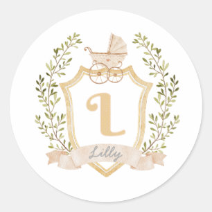 Baby Carriage Monogram L   Neutral  Classic Round Sticker