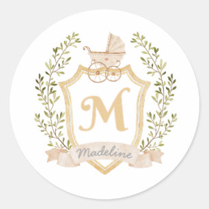 Baby Carriage Monogram M   Neutral  Classic Round Sticker