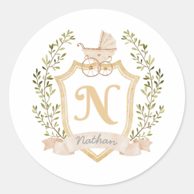Baby Carriage Monogram N | Neutral  Classic Round Sticker (Front)