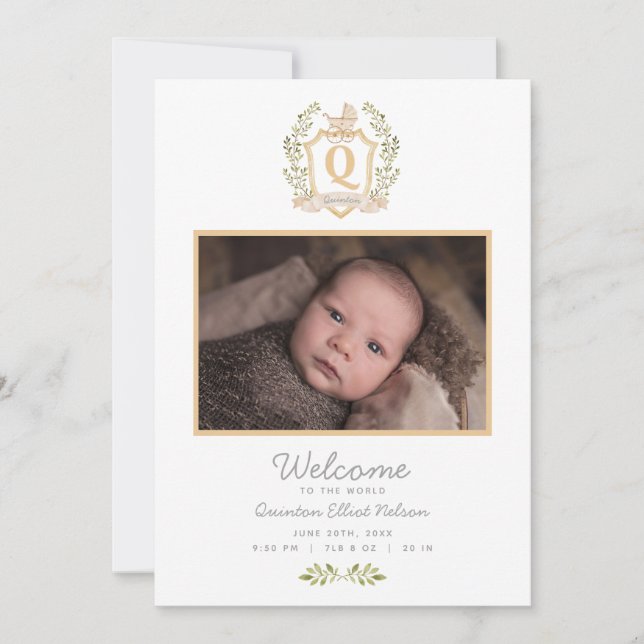 Baby Carriage Monogram Q | Neutral Birth  Announce Announcement (Front)