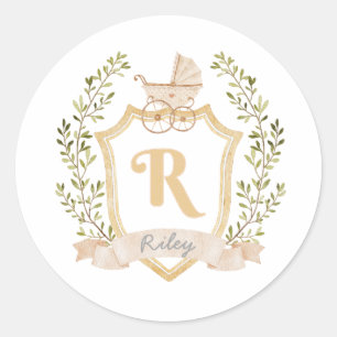 Baby Carriage Monogram R   Neutral  Classic Round Sticker