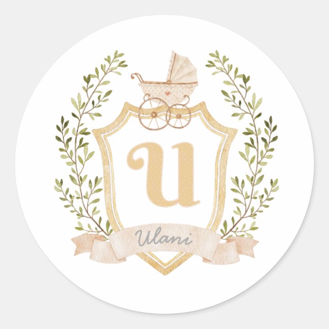 Baby Carriage Monogram U | Neutral  Classic Round Sticker (Front)
