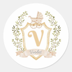 Baby Carriage Monogram V   Neutral  Classic Round Sticker