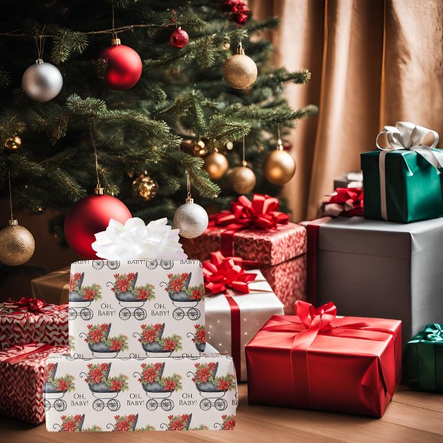 Baby Carriage Poinsettia Oh Baby Christmas   Wrapping Paper (Creator Uploaded)