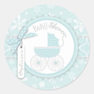 Baby Carriage & Winter Snowflake Print Baby Shower Classic Round Sticker