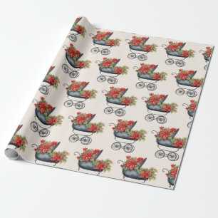 Baby Carriage Xmas Floral  Christmas   Wrapping Paper