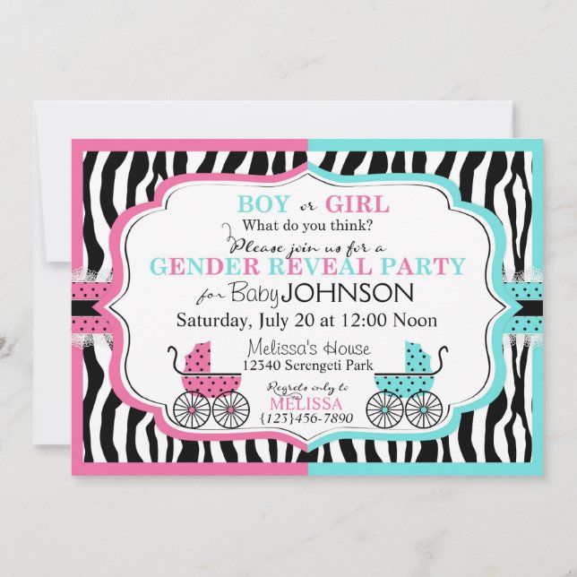 Baby Carriage & Zebra Print Gender Reveal 2 Invitation (Back)