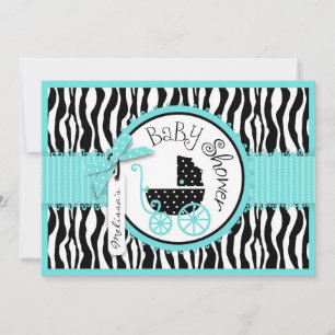 Baby Carriage, Zebra Print & Turquoise Baby Shower Invitation