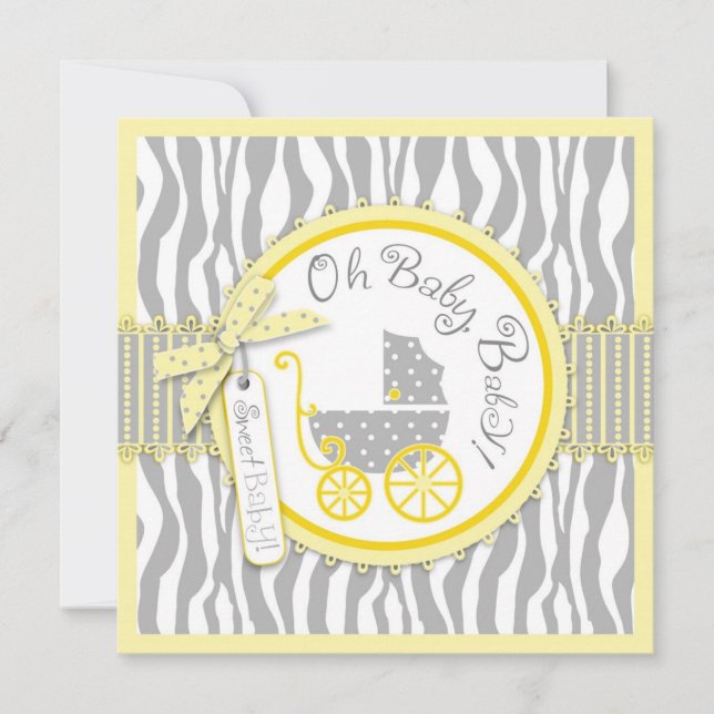 Baby Carriage, Zebra Print & Yellow Baby Shower Invitation (Front)