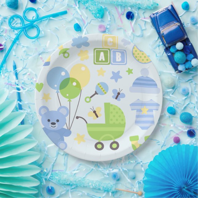 Baby Carrier- Boy Baby Shower Paper Plate (Party)