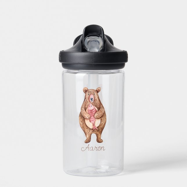 Baby Cartoon Grizzly Bear Personalised Water Bottle (Front)