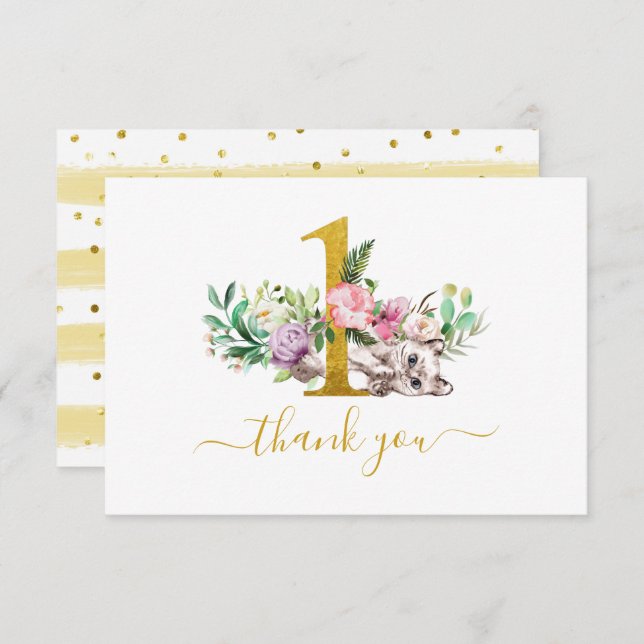 Baby Cat and Flowers 1st Birthday Thank You (Front/Back)
