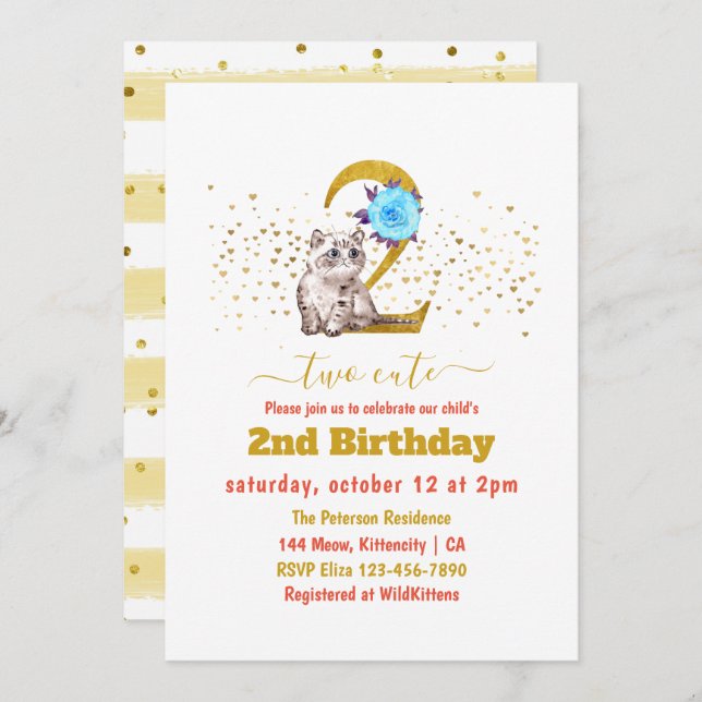 Baby Cat and Flowers 2nd Birthday Invitation (Front/Back)